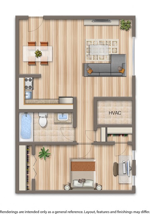 one bedroom apartment floor plan rendering at halley house apartments in washington dc
